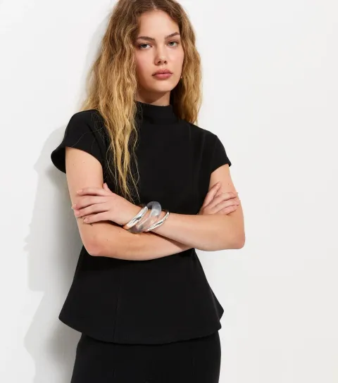 Black Cotton Rich Soft Touch High Neck Peplum Top