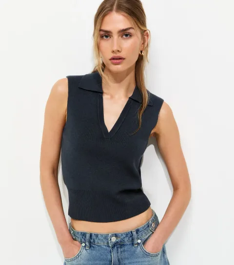 Navy Compact Knit Sleeveless Polo Vest Top