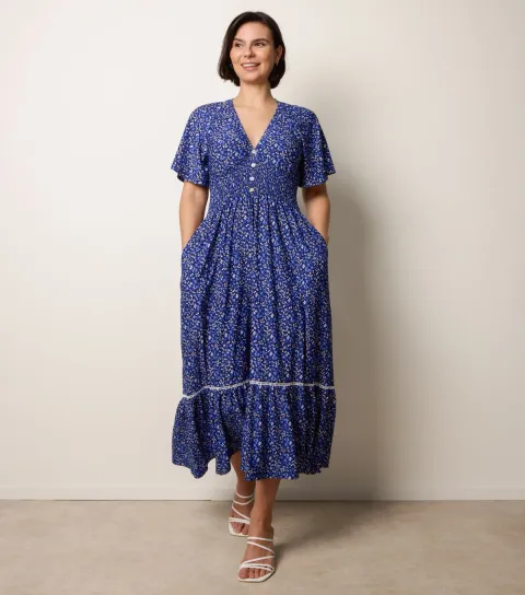 Blue Floral Print Button Front Midi Dress