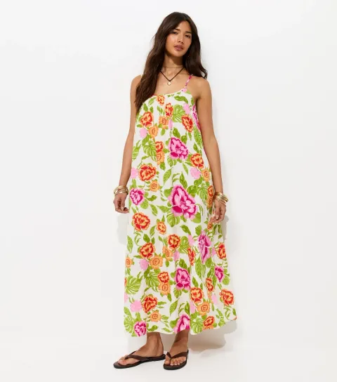 Cream Floral Print Maxi Smock Dress