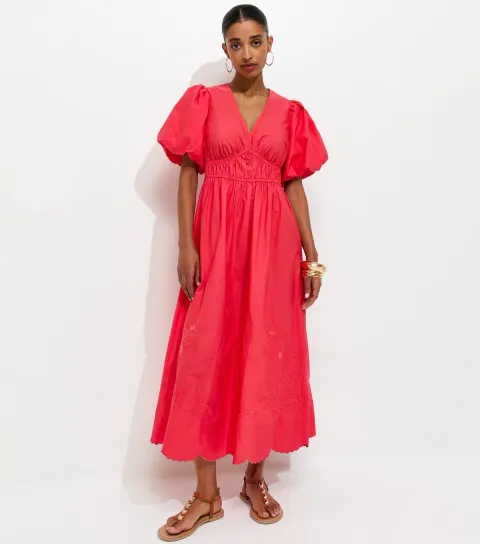 Dark Coral Cotton Puff Sleeve Midi Dress