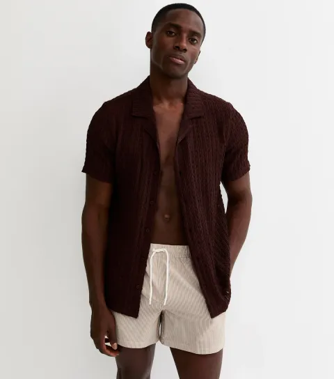 Brown Striped Seersucker Drawstring Swim Shorts