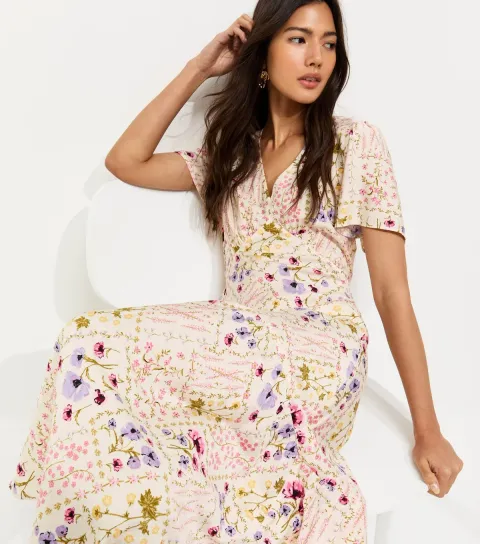 Cream and Pink Floral Tile Pattern Tiered Midi Dress