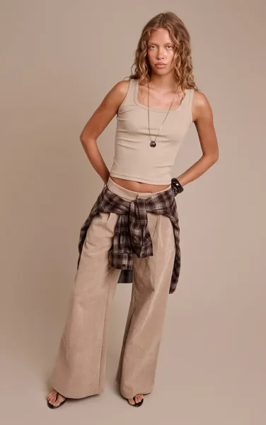 Sand Faux Suede Wide Leg Trousers
