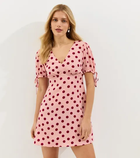 Pink Crepe Polka Dot Tie Sleeve Mini Dress