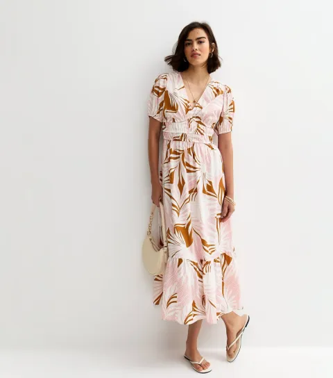 Pink Leaf Print Short Sleeve Midi Dress