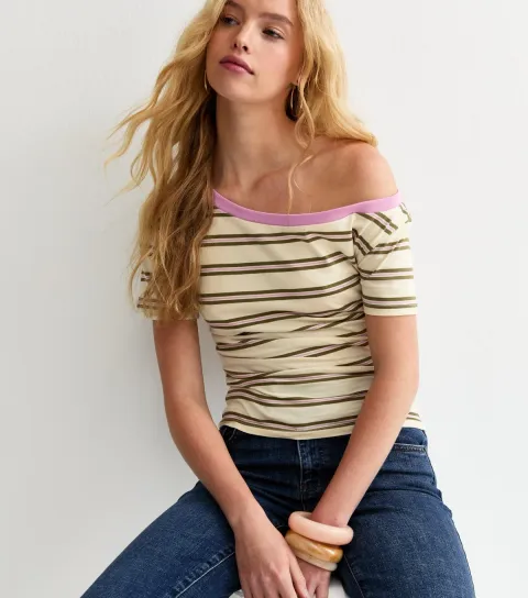 Cream Striped Off the Shoulder T-Shirt
