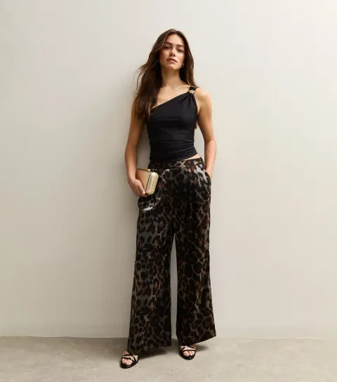 Petite Silver Animal Print Wide Leg Trousers