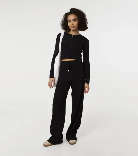 Black Ribbed Half Zip Hoodie and Wide Leg Set