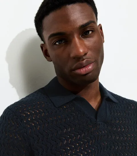 Navy Regular Open Knit Polo Shirt
