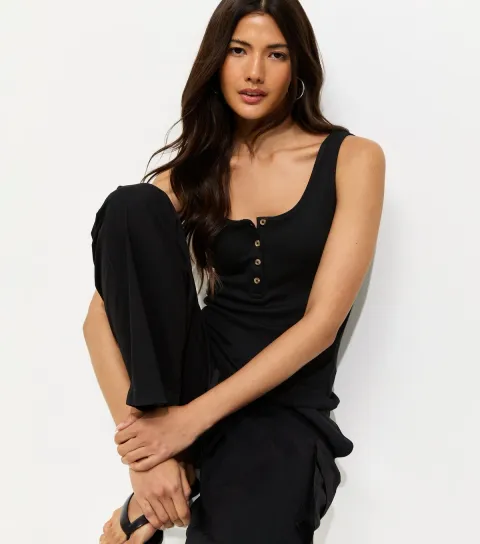 Black Henley Button Front Vest Top