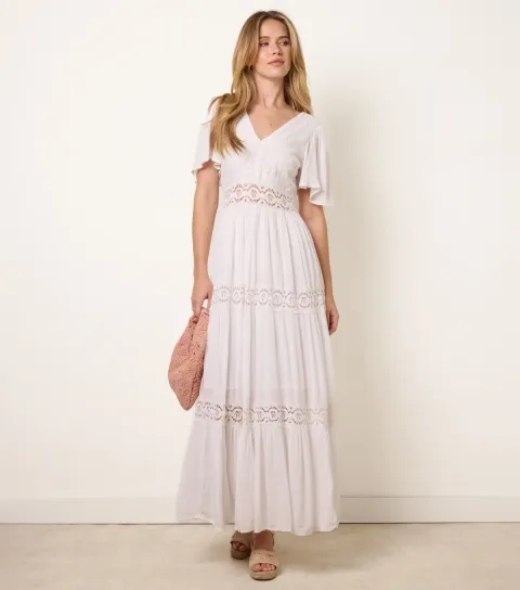 Off White V-Neck Tiered Crochet Trim Midi Dress