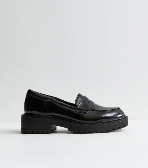 Black Shiny Faux Leather Chunky Loafers Vegan
