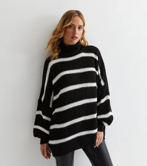 Black Stripe Chunky Knit High Neck Jumper
