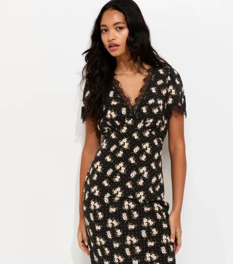 Black Ditsy Floral Lace Trim Tea Blouse