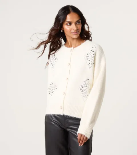 Off White Sequin Embellished Cardigan