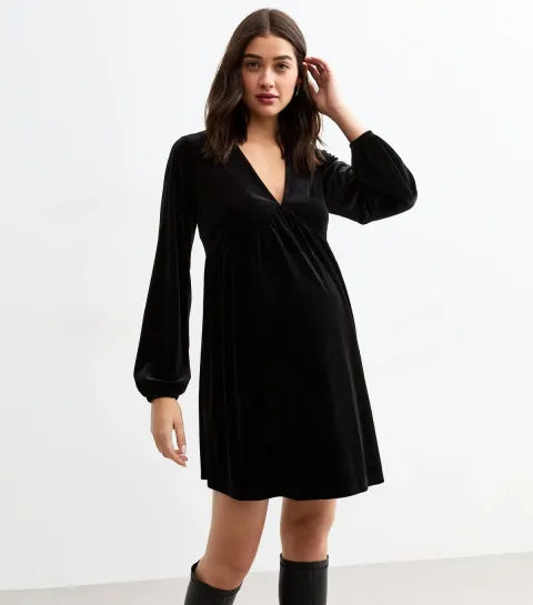 Maternity Black Velvet V-Neck Mini Smock Dress
