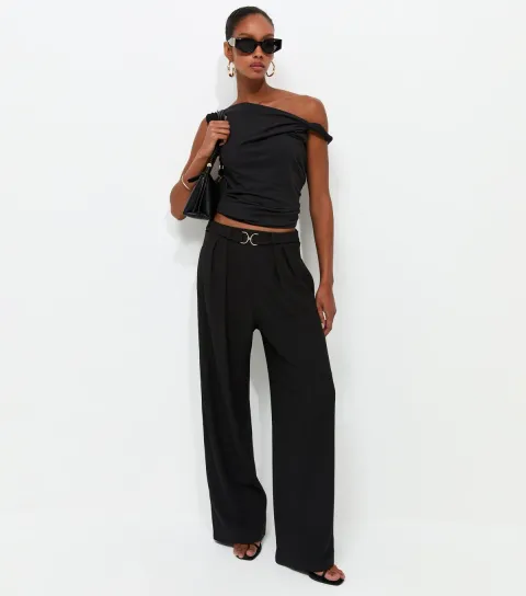 Black Belt Detail Ribbed Crinkle Texture Wide Leg Trousers