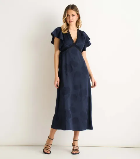Navy Floral Satin Lace Trim Midi Dress