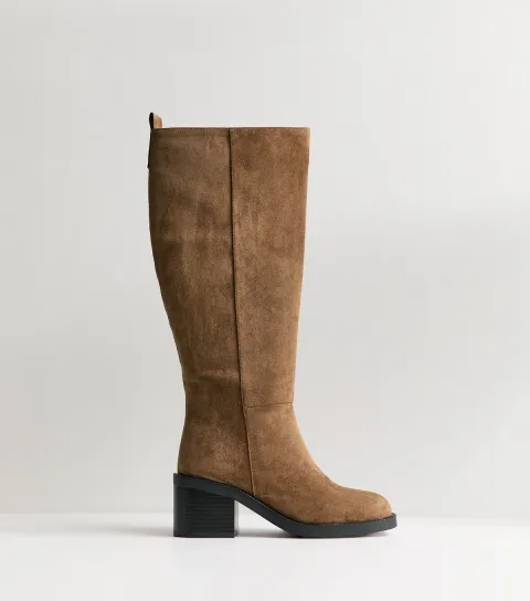 Light Brown Faux Suede Heeled Knee High Boots Vegan