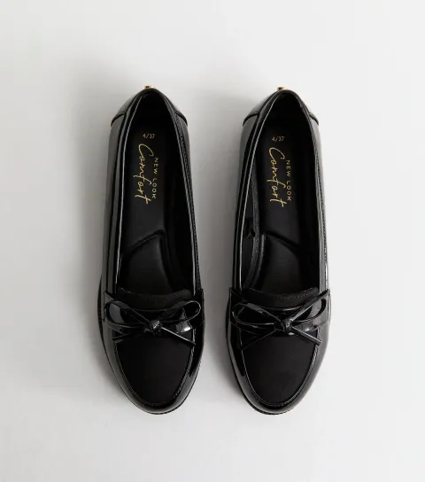 Black Faux Patent Bow Applique Loafers Vegan