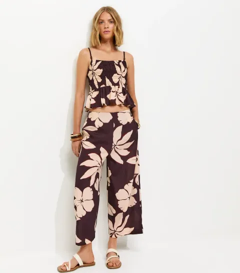 Brown Floral Cropped Wide Leg Trousers
