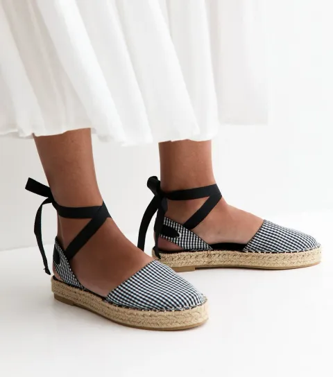 Black Gingham Toe Tie Ankle Espadrilles Vegan