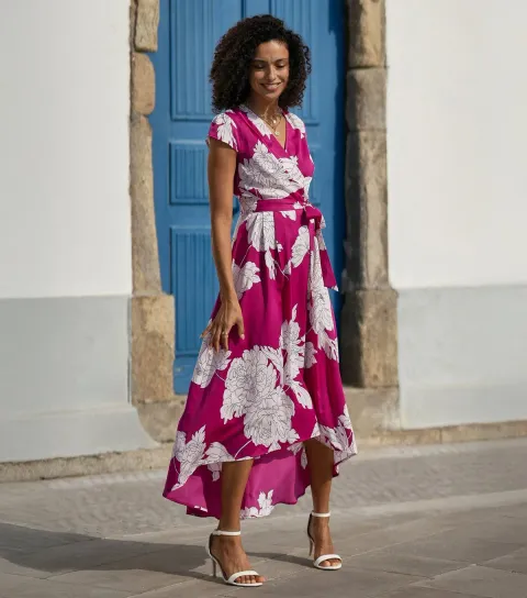 Pink Blossom Print Wrap Dress