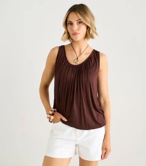 Brown Round Neck Sleeveless Vest Top