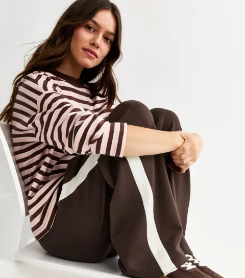 Petite Premium Dark Brown Jersey Side Stripe Wide Leg Trousers