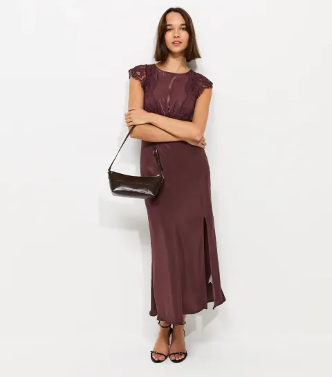 Dark Burgundy Satin Lace Sleeve Split Midi Dress