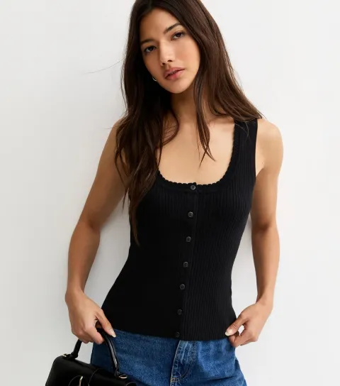 Black Ribbed Knit Scoop Neck Button Front Vest Top