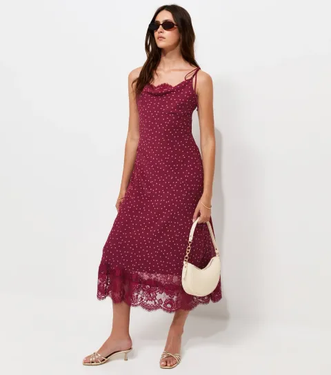 Red Polka Dot Print Chiffon Lace Trim Midi Dress