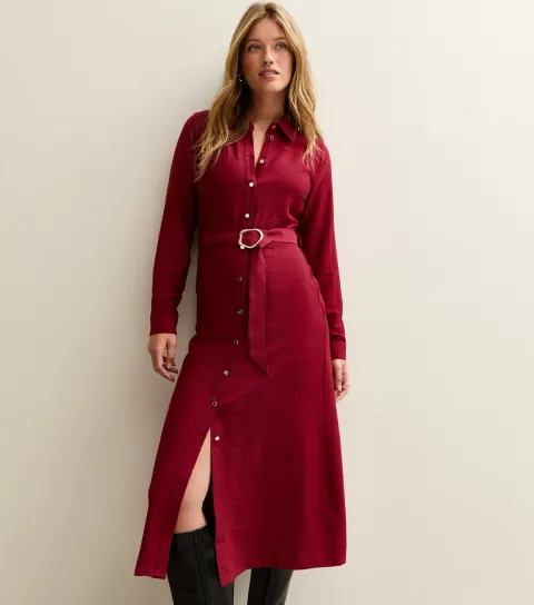 Red Button Up Belted Midi Shirt Dress