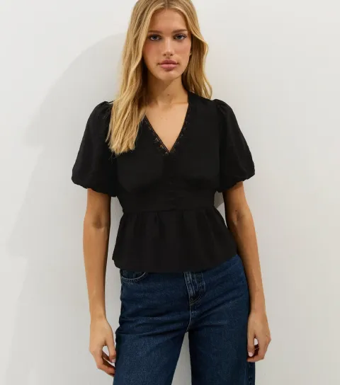 Black Lace Trim Button up Tea Blouse