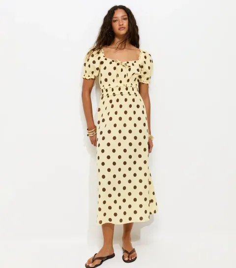 Yellow Polka Dot Shirred Milkmaid Midi Dress