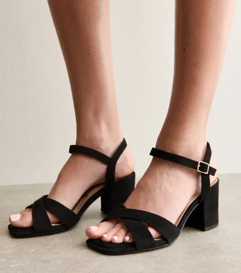 Extra Wide Fit Black Faux Suede Block Heel Sandals Vegan