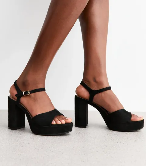 Black Faux Suede Block Heel Platform Sandals Vegan