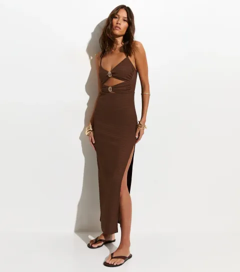 Dark Brown Cutout Ring Beach Maxi Dress