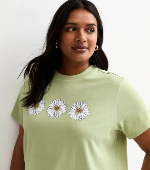Plus Size Light Green Cotton Daisy T-Shirt Curves