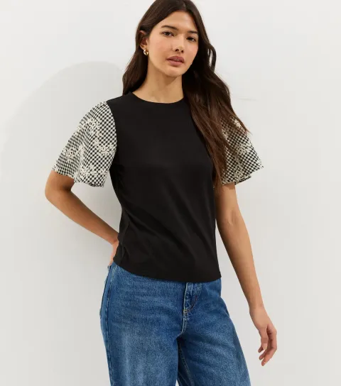 Black Embroidered Check Sleeve T-Shirt