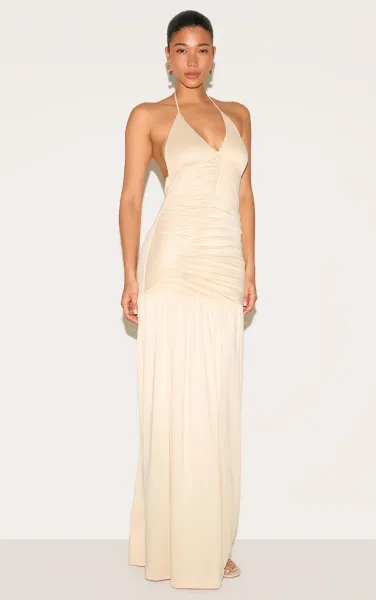 Almond Double Layer Soft Touch Shift Hem Maxi Dress