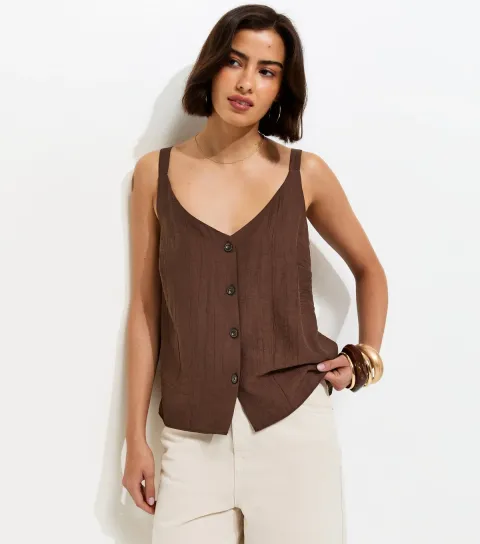 Dark Brown Button Front V-Neck Cami Top