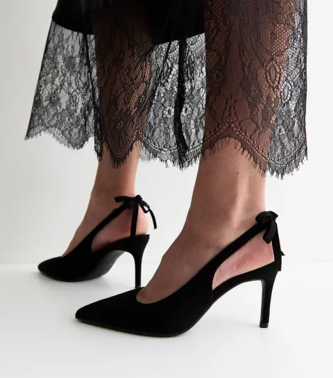Black Faux Suede Bow Slingback Court Shoes Vegan