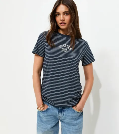 Blue Cotton Rich Striped Seattle USA Embroidered T-Shirt