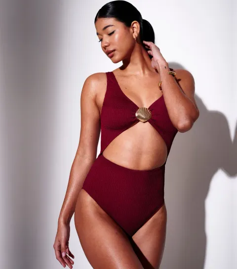 Burgundy Crinkle Shell Cut Out Tummy Control Swimsuit
