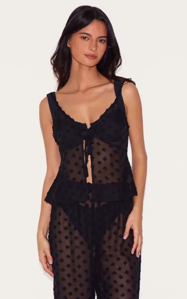 Black Textured Tie Front Beach Top