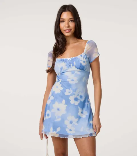 Light Blue Floral Print Mini Dress