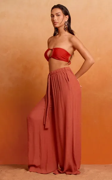 Rust Linen Look Palazzo Beach Trousers