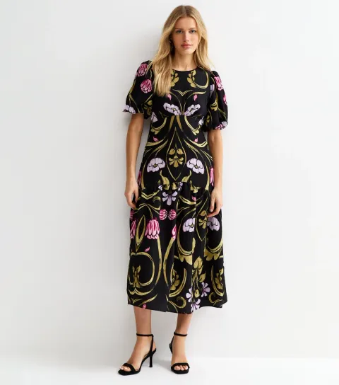 Black Floral Puff Sleeve Midi Dress